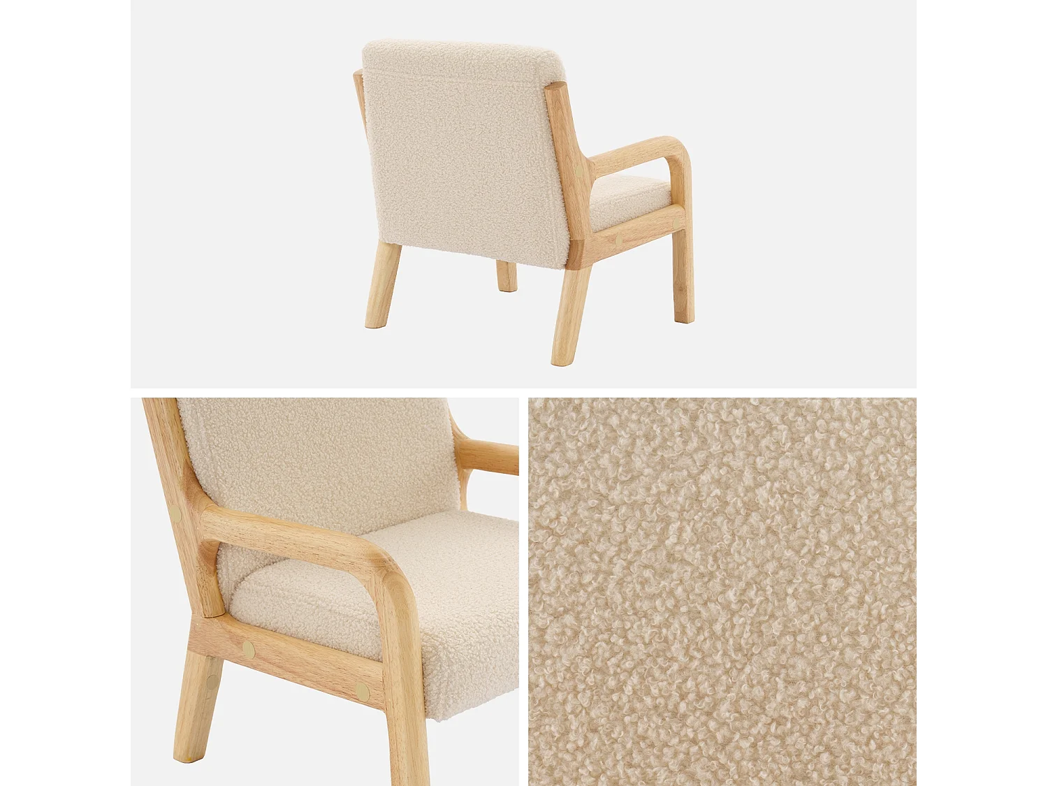 Fauteuil scandinave enfant en bois et tissu bouclette beige