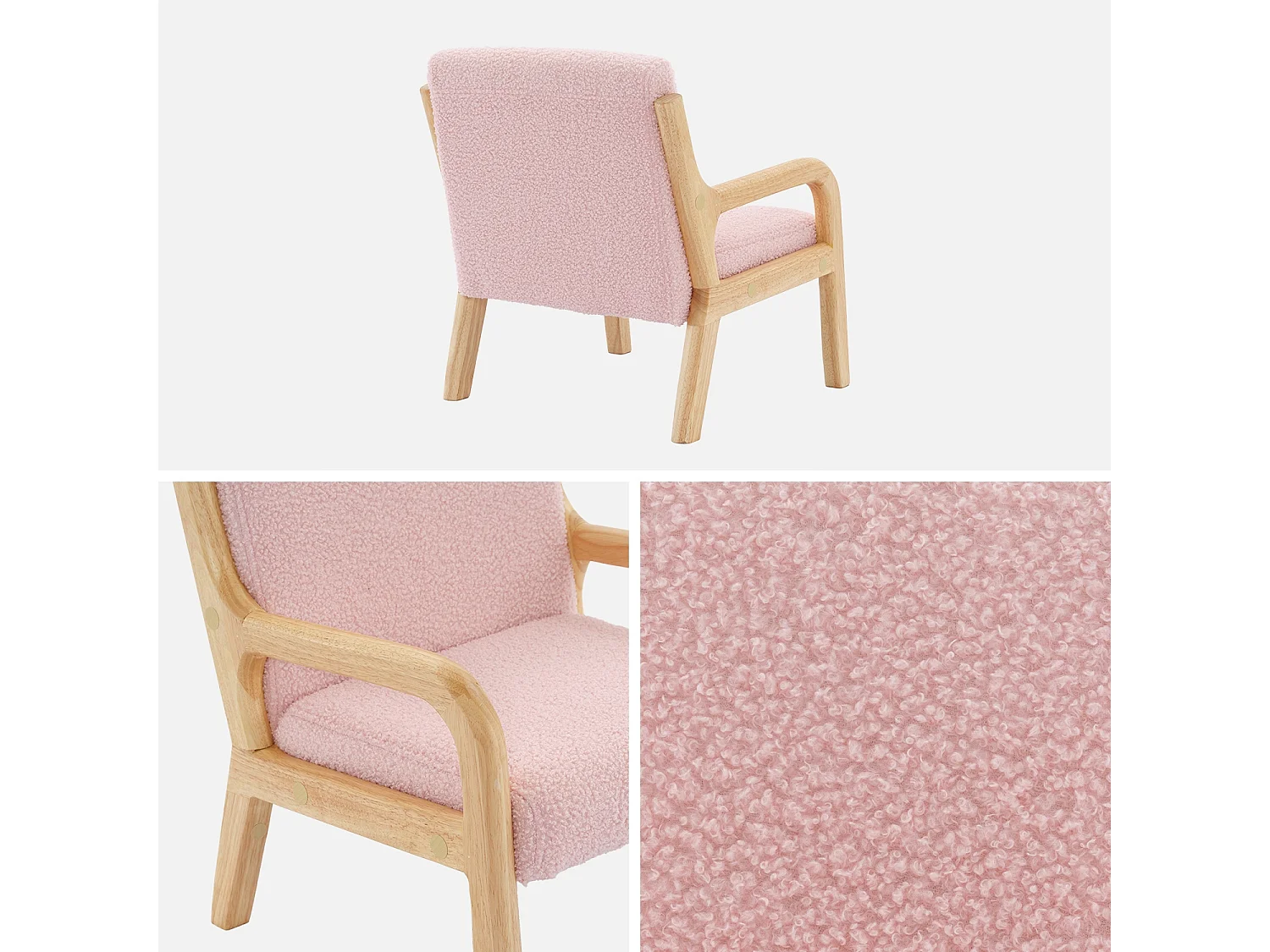 Fauteuil scandinave enfant en bois et tissu bouclette rose
