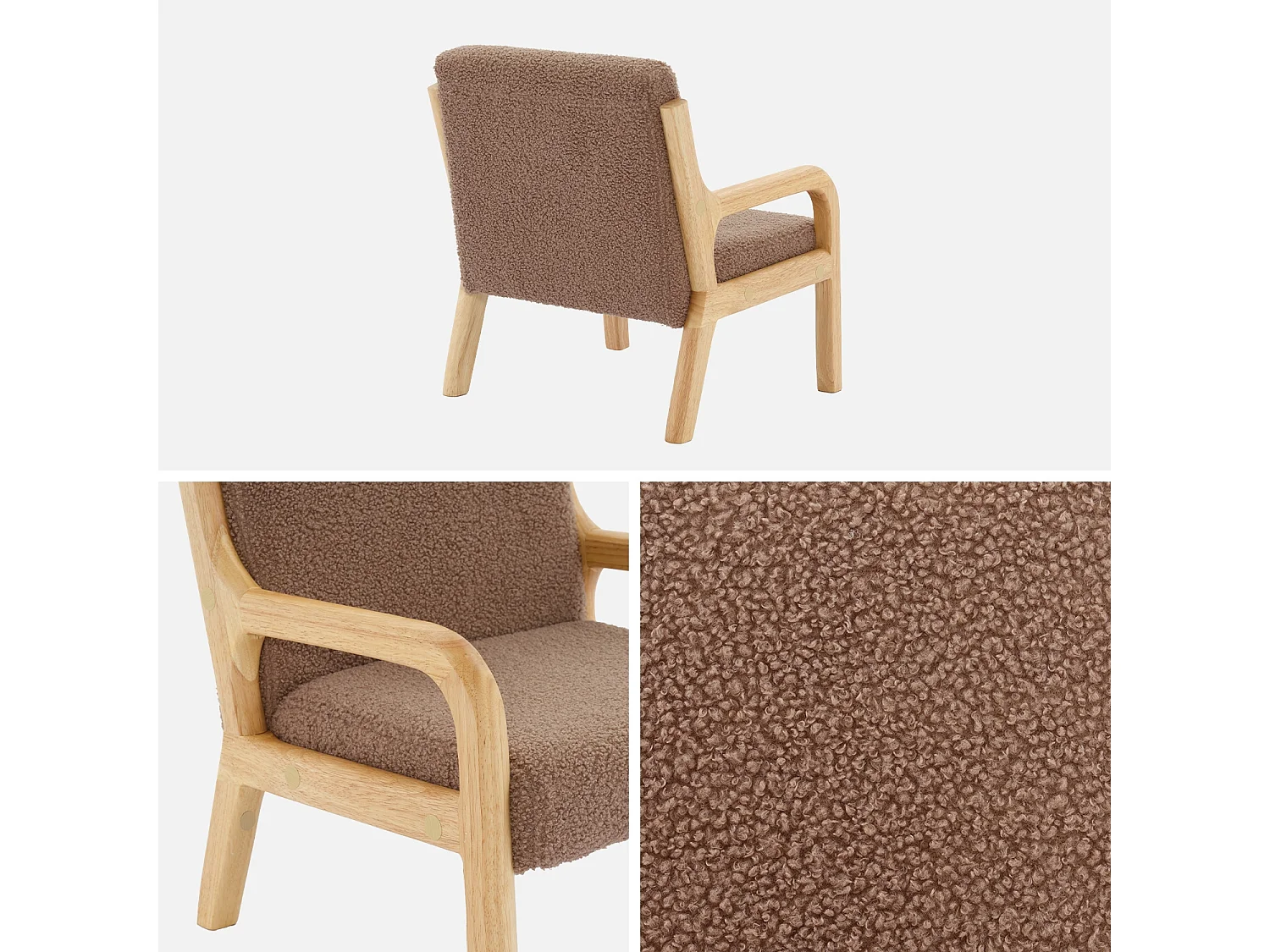 Poltrona scandinava per bambini in legno, tessuto bouclé, marrone