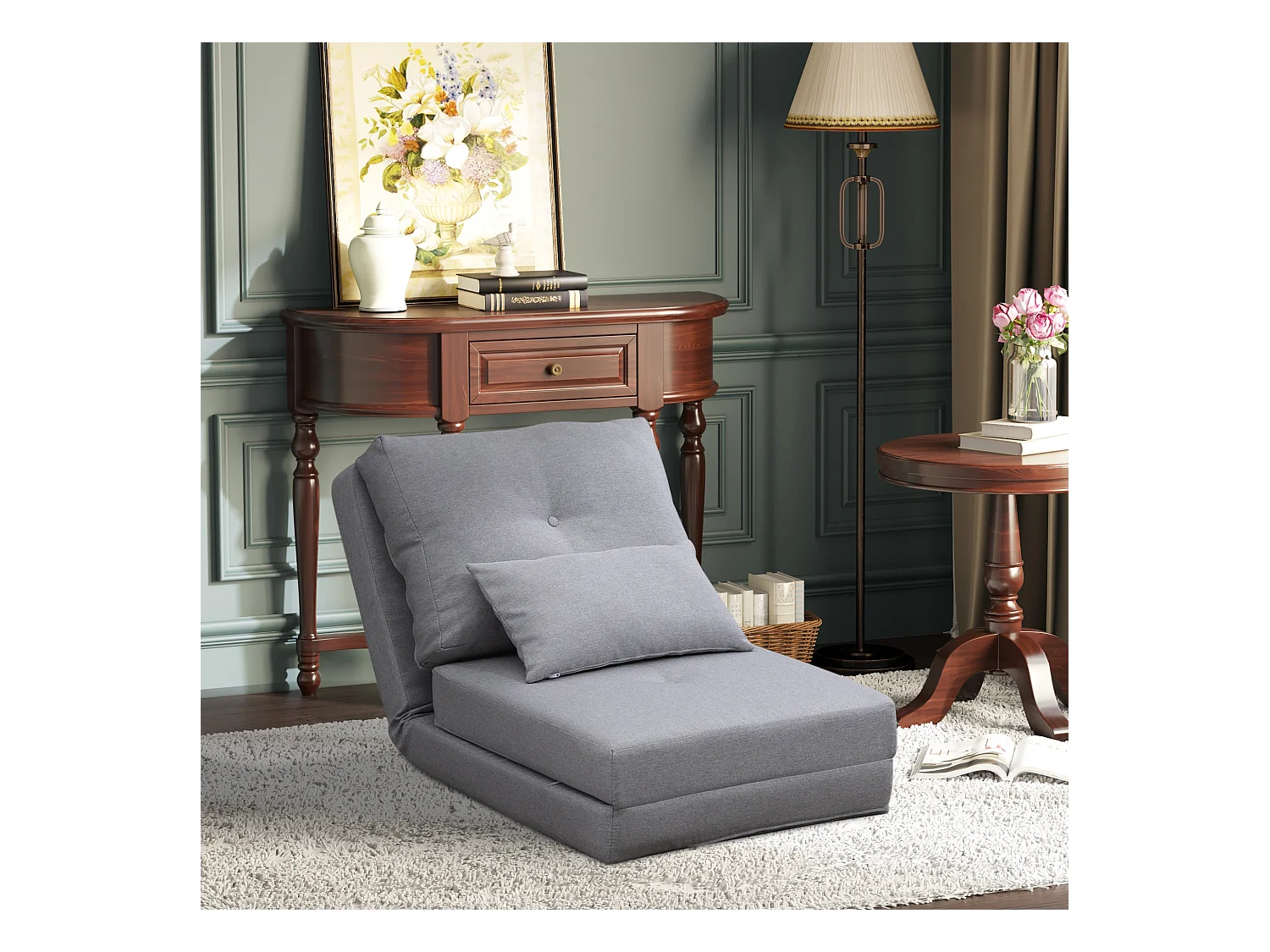 Chauffeuse dossier inclinable - fauteuil convertible - 2 coussins inclus - tissu lin gris clair