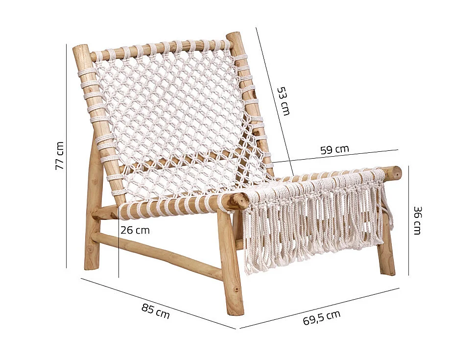 Fauteuil bas lounge incliné en bois de teck et coton blanc - TALA