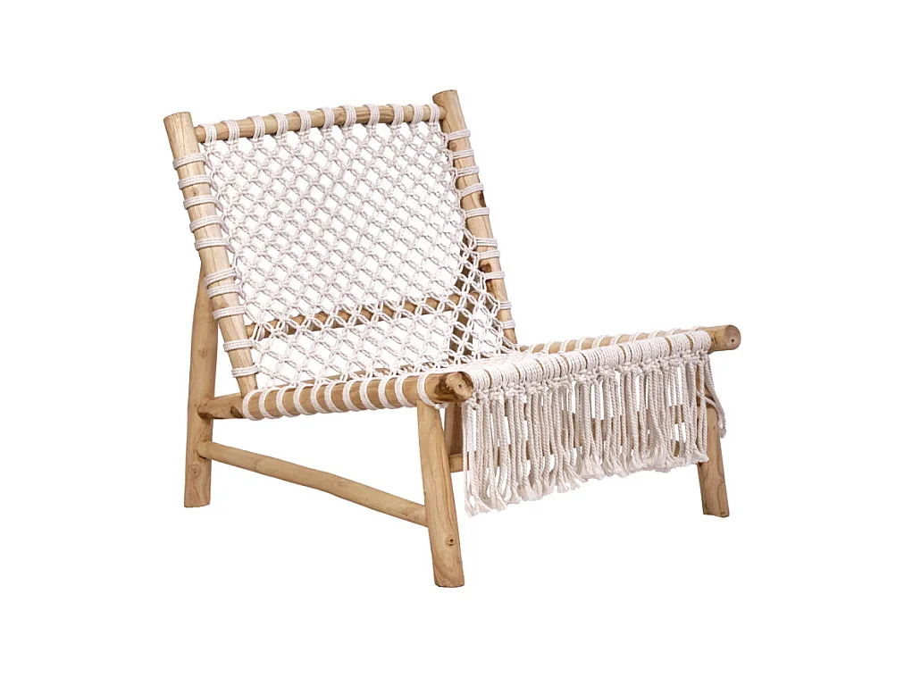 Fauteuil bas lounge incliné en bois de teck et coton blanc - TALA