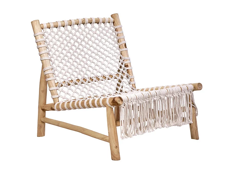 Fauteuil bas lounge incliné en bois de teck et coton blanc - TALA