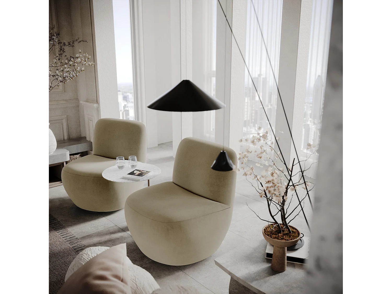 Fauteuil en tissu velours beige