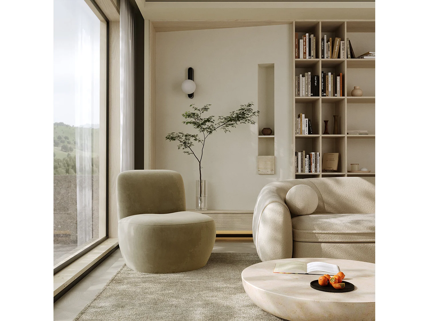 Fauteuil en tissu velours beige