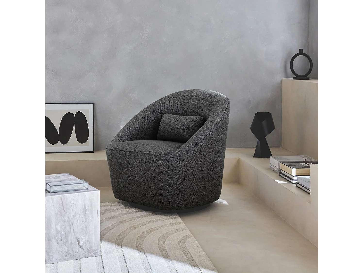 Sillón giratorio de tela 360º con cojín gris oscuro