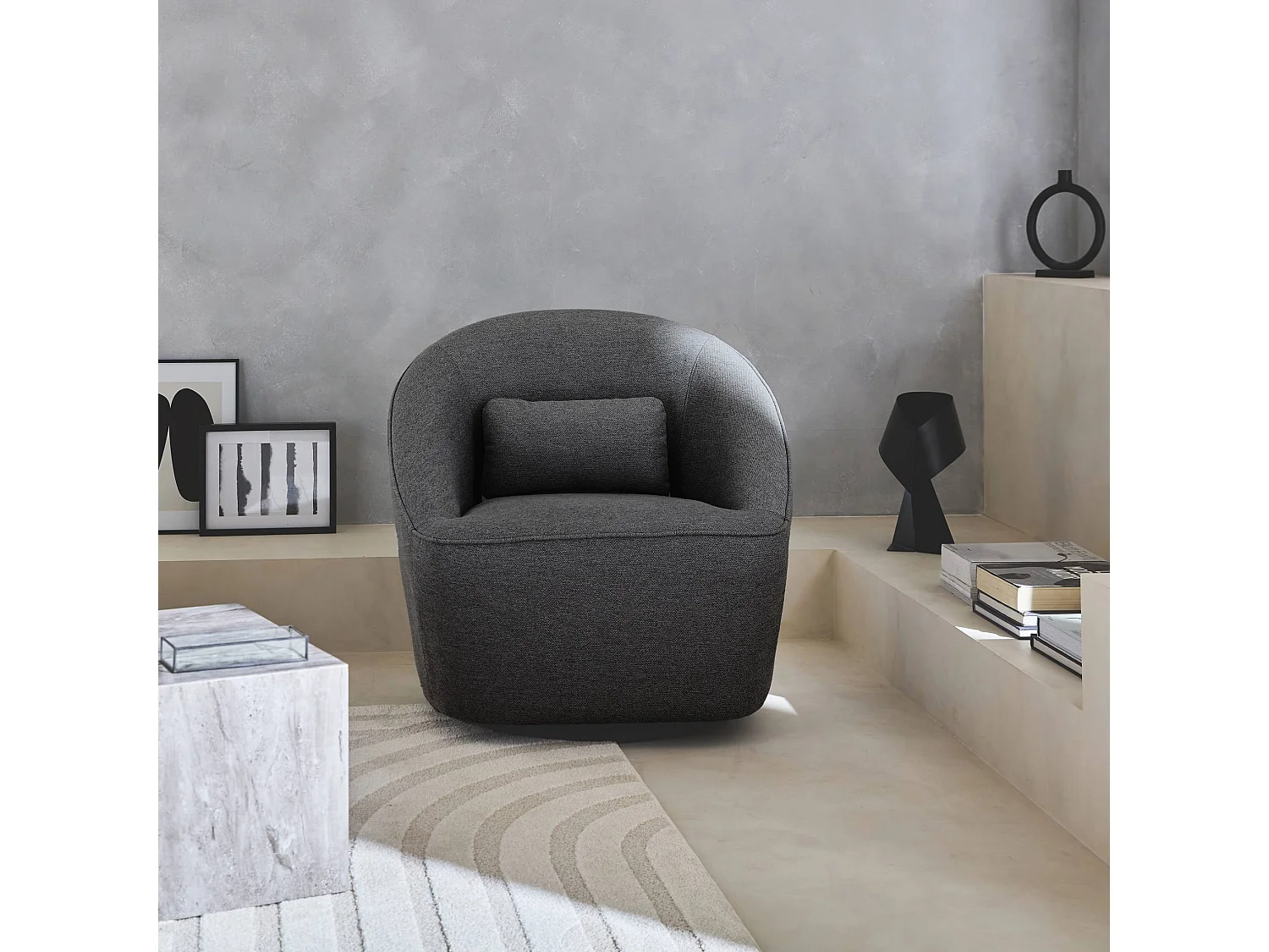 Sillón giratorio de tela 360º con cojín gris oscuro