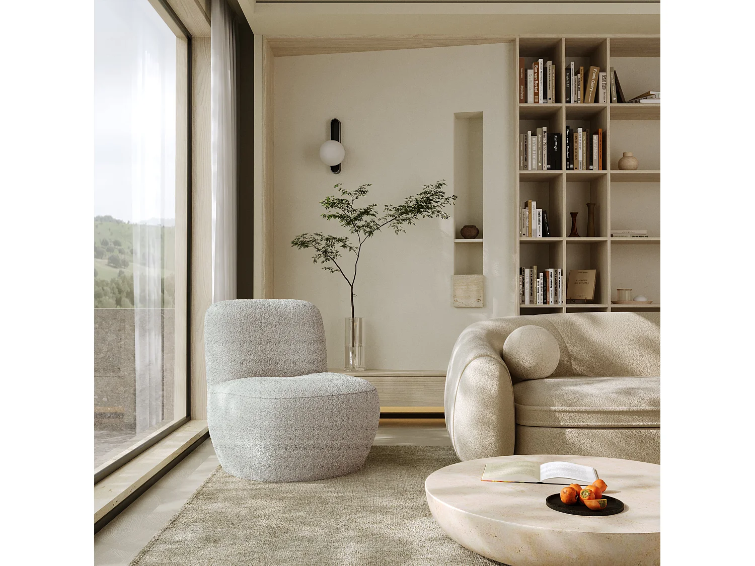 Fauteuil en tissu bouclette gris clair