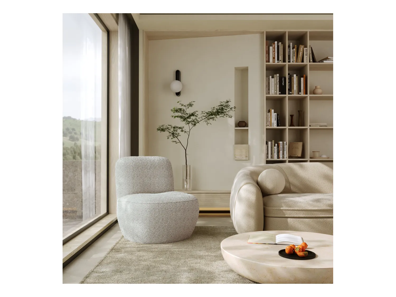 Fauteuil en tissu bouclette gris clair