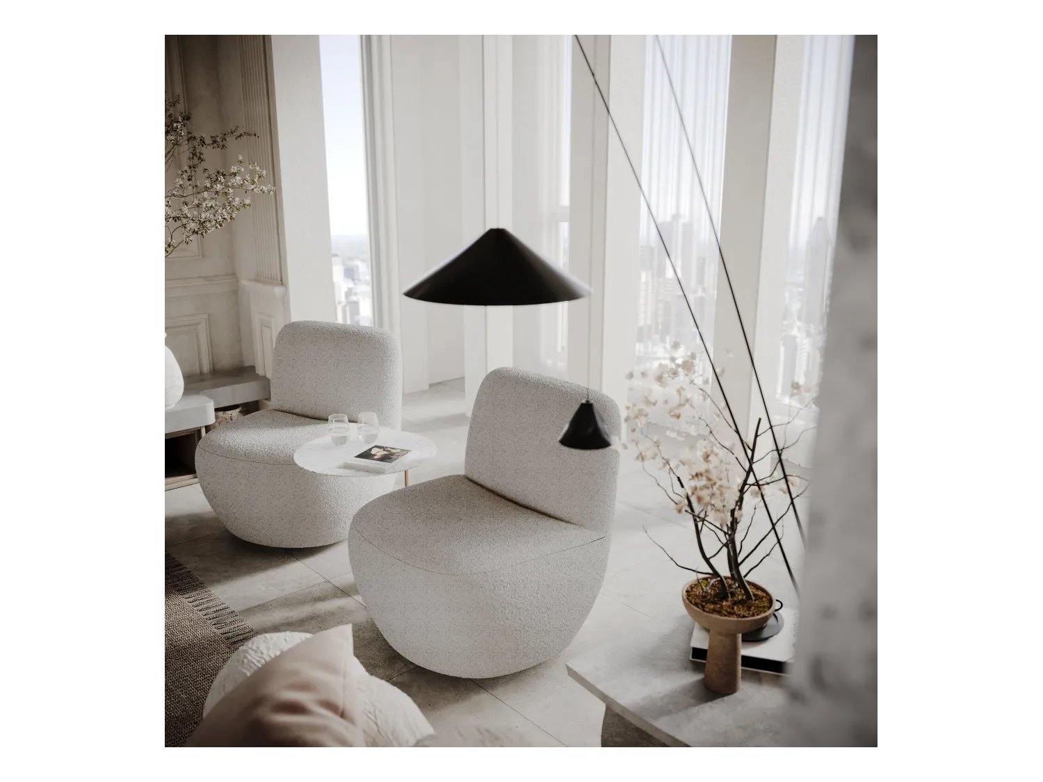 Fauteuil en tissu bouclette gris clair