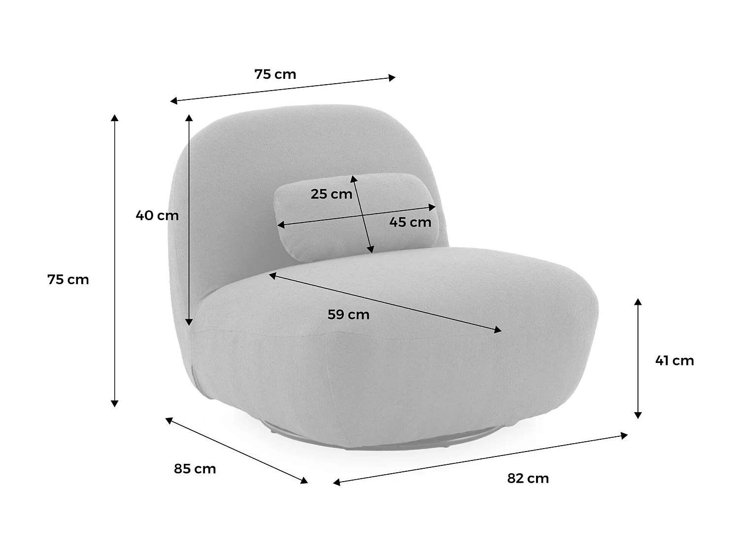 Fauteuil pivotant 360° en bouclette texturée gris clair. piètement en métal noir mat - SPINO
