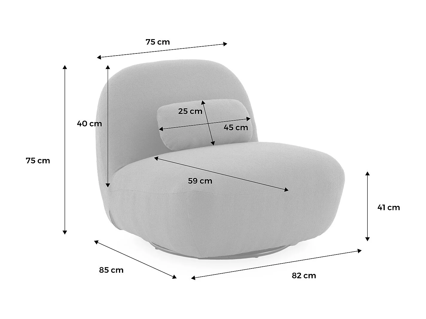 Fauteuil pivotant 360° en bouclette texturée gris clair. piètement en métal noir mat - SPINO