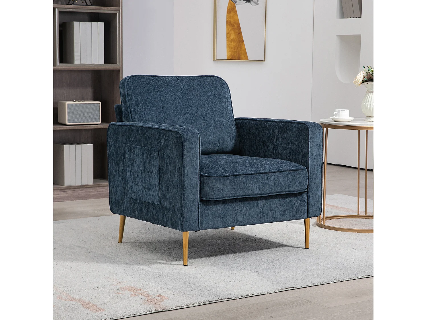 Fauteuil style art déco piètement métal doré tissu bleu