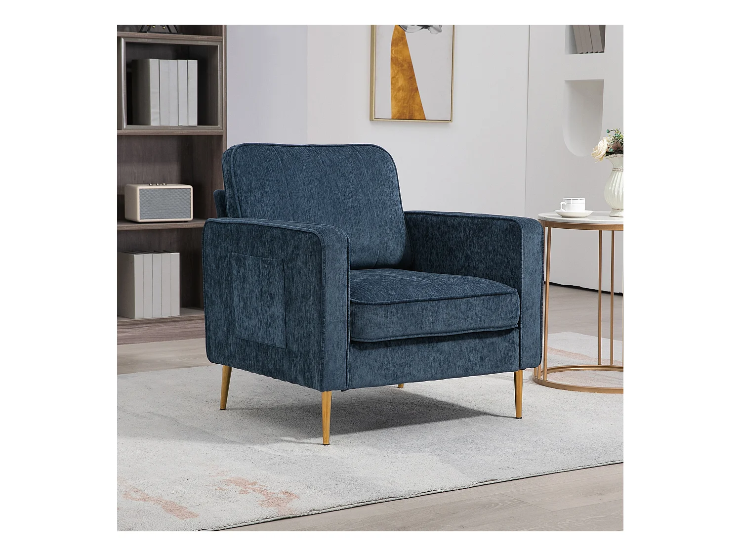 Fauteuil style art déco piètement métal doré tissu bleu
