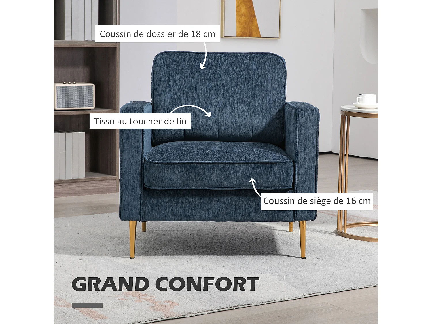 Fauteuil style art déco piètement métal doré tissu bleu