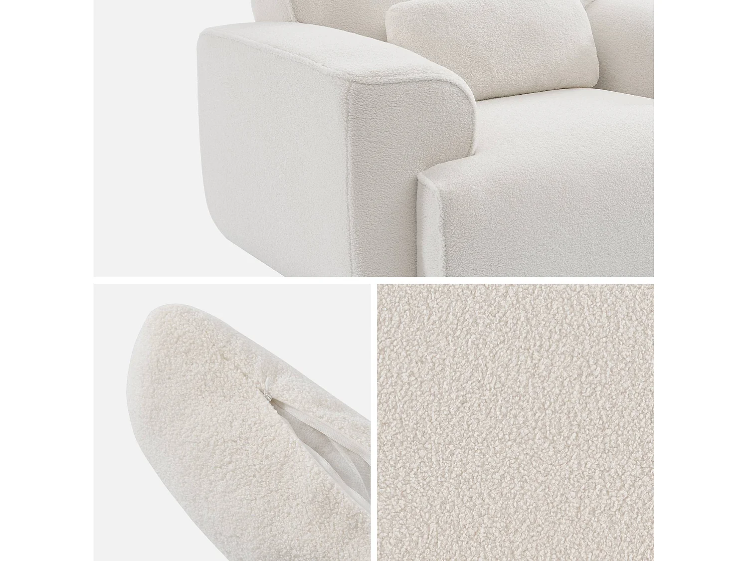 Fauteuil tissu bouclette crème. lignes arrondis. coussin fourni. Wallas. L 116 x P 97 x H 73cm