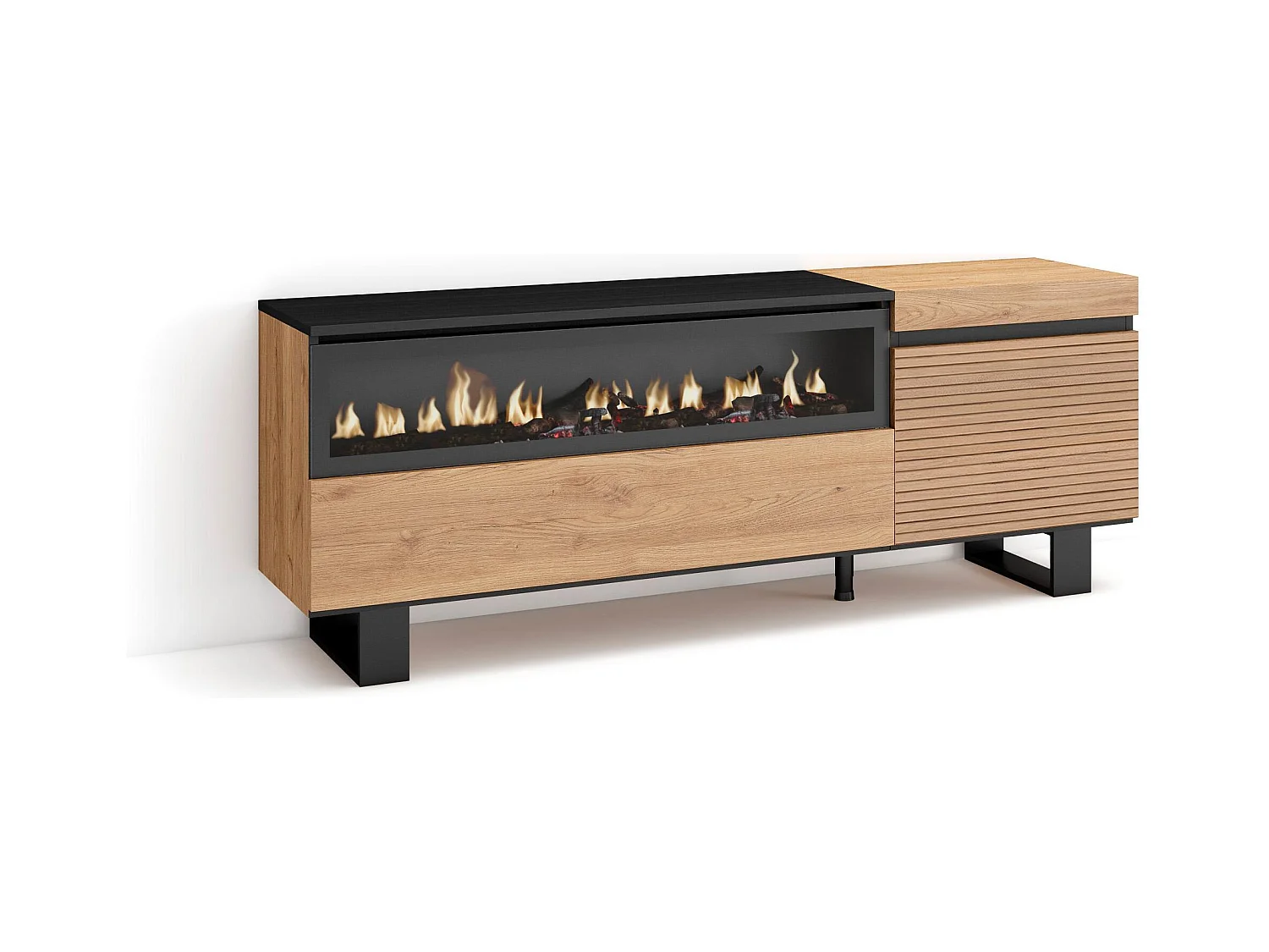 Meuble TV | Banc Télé, 150x35x57cm, Pour les TV jusqu'à 65", Cheminée électrique, Design industriel, Chêne