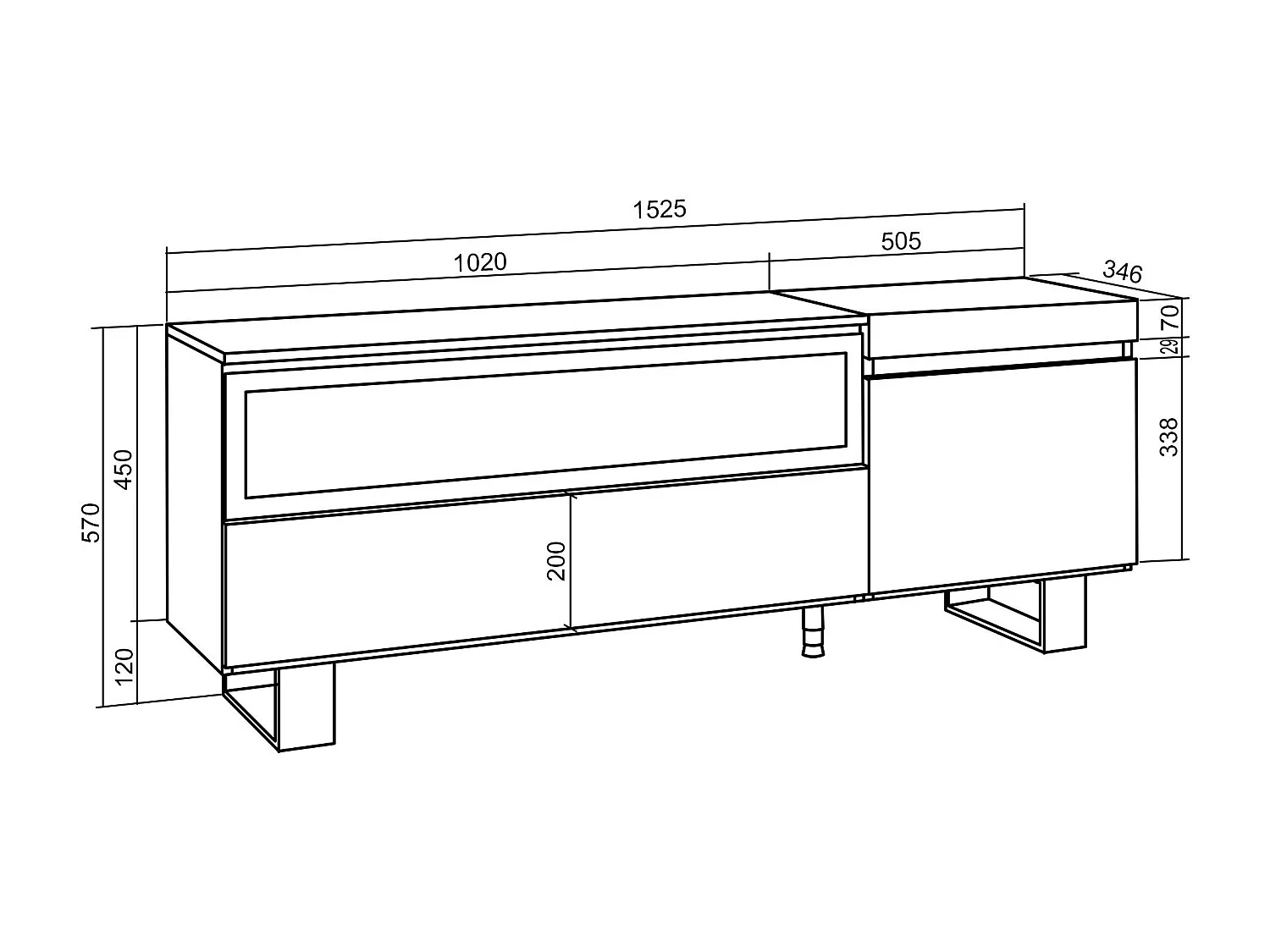 TV-Meubel, Lowboard, 150x35x57cm, Voor tv's tot 65", Elektrische haard, Industrieel design, Eiken