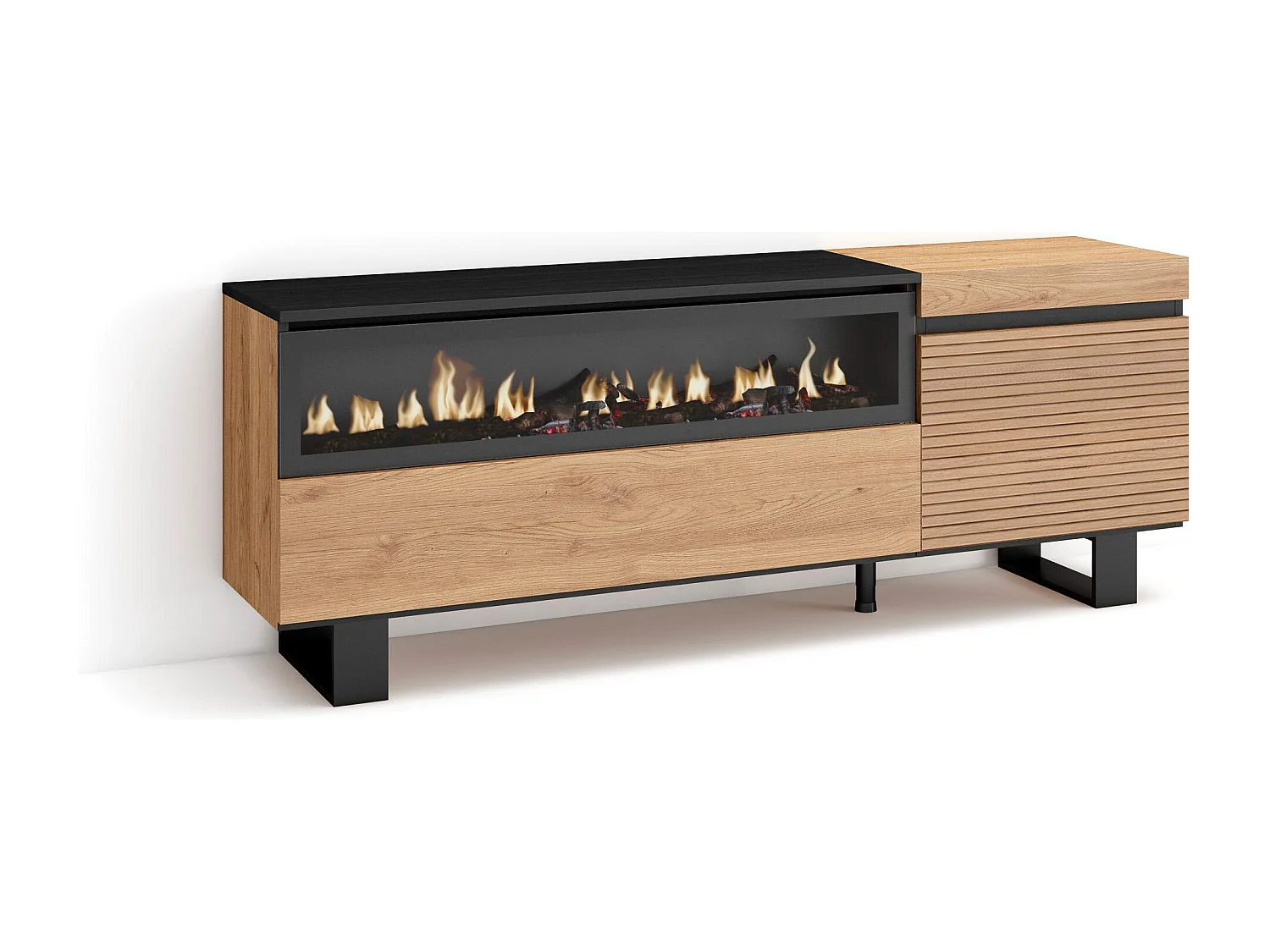 Meuble TV | Banc Télé, 150x35x57cm, Pour les TV jusqu'à 65", Cheminée électrique, Design industriel, Chêne