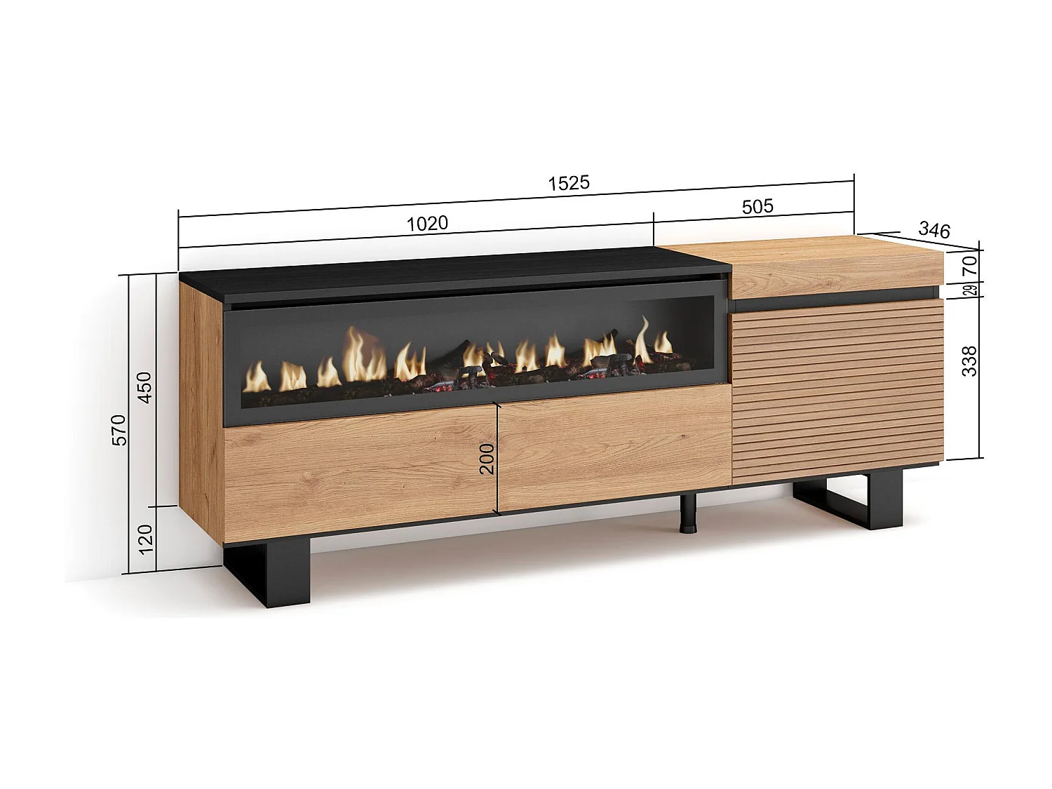 Meuble TV | Banc Télé, 150x35x57cm, Pour les TV jusqu'à 65", Cheminée électrique, Design industriel, Chêne