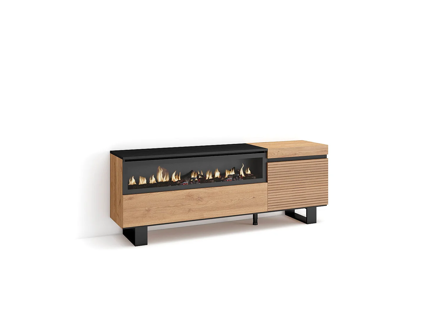 TV-Meubel, Lowboard, 150x35x57cm, Voor tv's tot 65", Elektrische haard, Industrieel design, Eiken