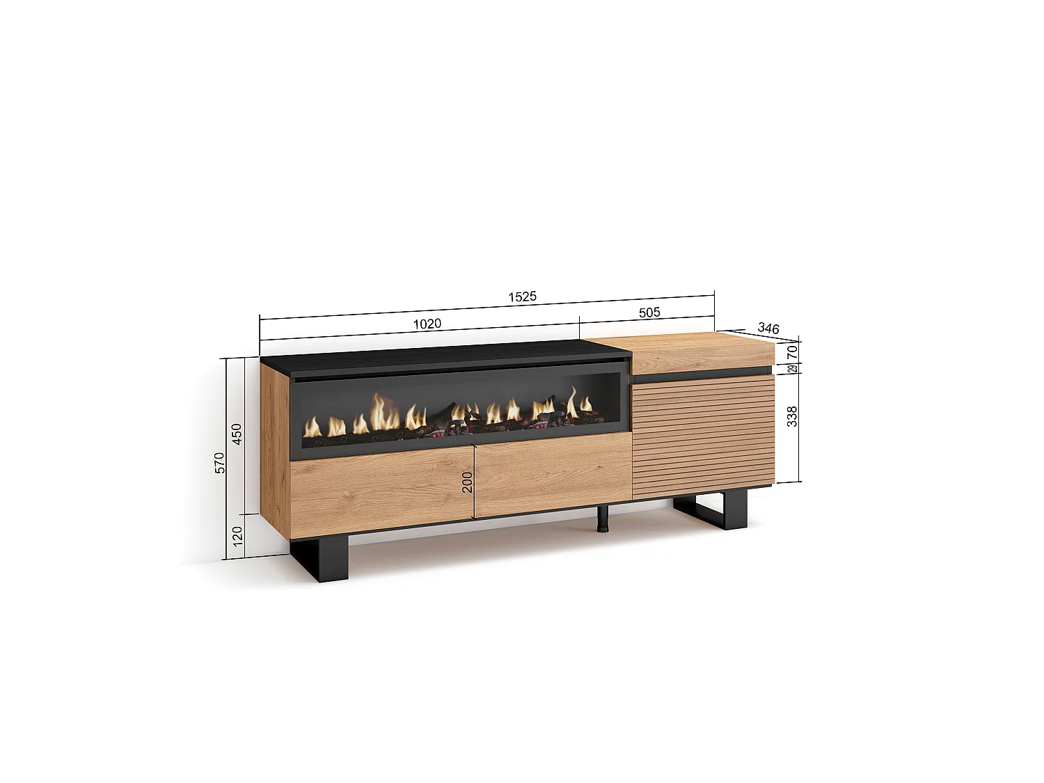 TV-Meubel, Lowboard, 150x35x57cm, Voor tv's tot 65", Elektrische haard, Industrieel design, Eiken