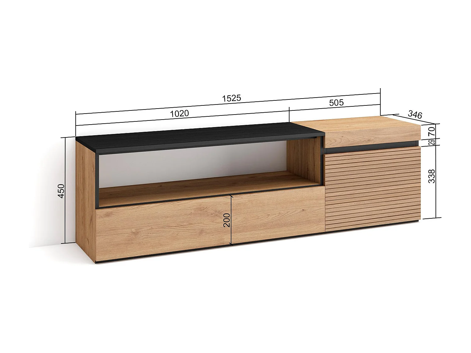 Meuble TV | Banc Télé, 150x35x45cm, Pour les TV jusqu'à 65", Meubles de salon, Chêne
