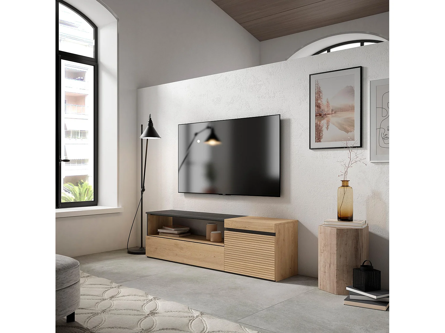 Meuble TV, Banc Télé, 150x35x45cm, Pour les TV jusqu'à 65", Meubles de salon, Chêne