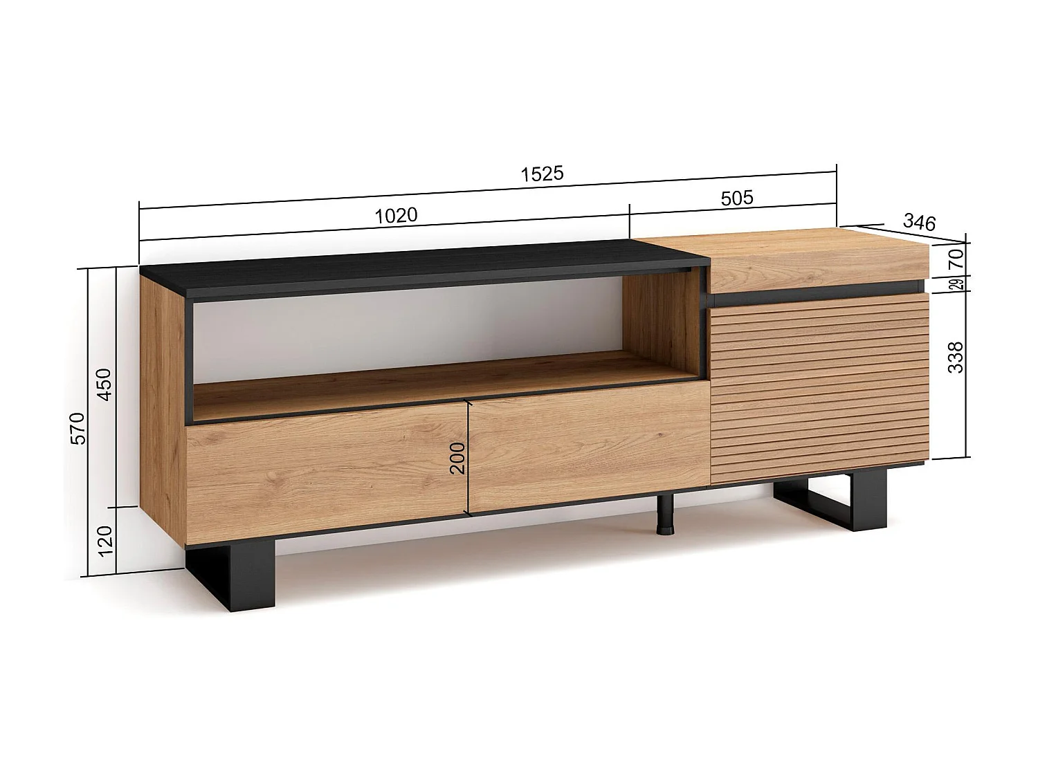 Meuble TV | Banc Télé, 150x35x57cm, Pour les TV jusqu'à 65", Design industriel, Chêne