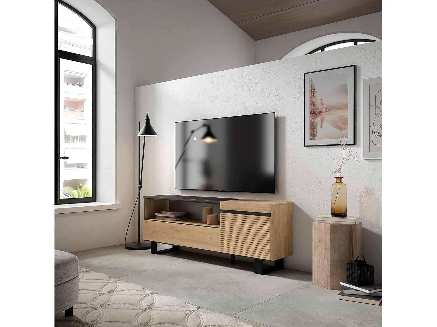 TV-Meubel, Lowboard, 150x35x57cm, Voor tv's tot 65", Industrieel design, Eiken