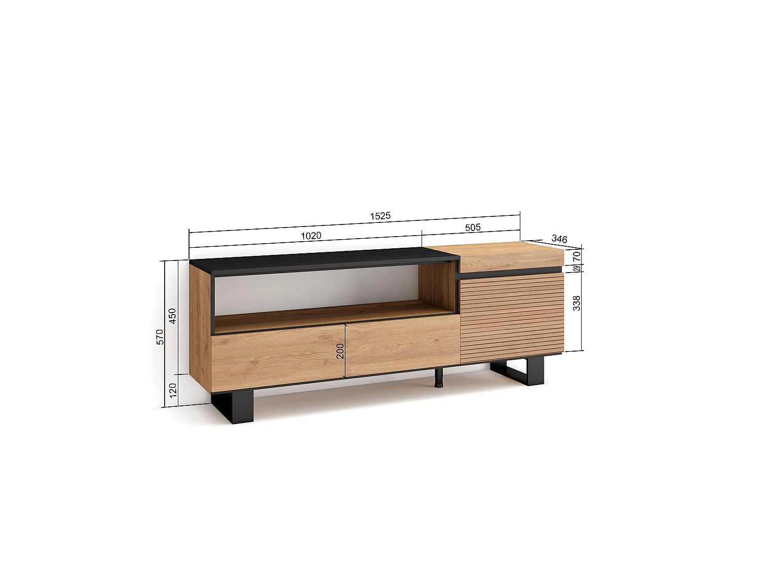 TV-Meubel, Lowboard, 150x35x57cm, Voor tv's tot 65", Industrieel design, Eiken