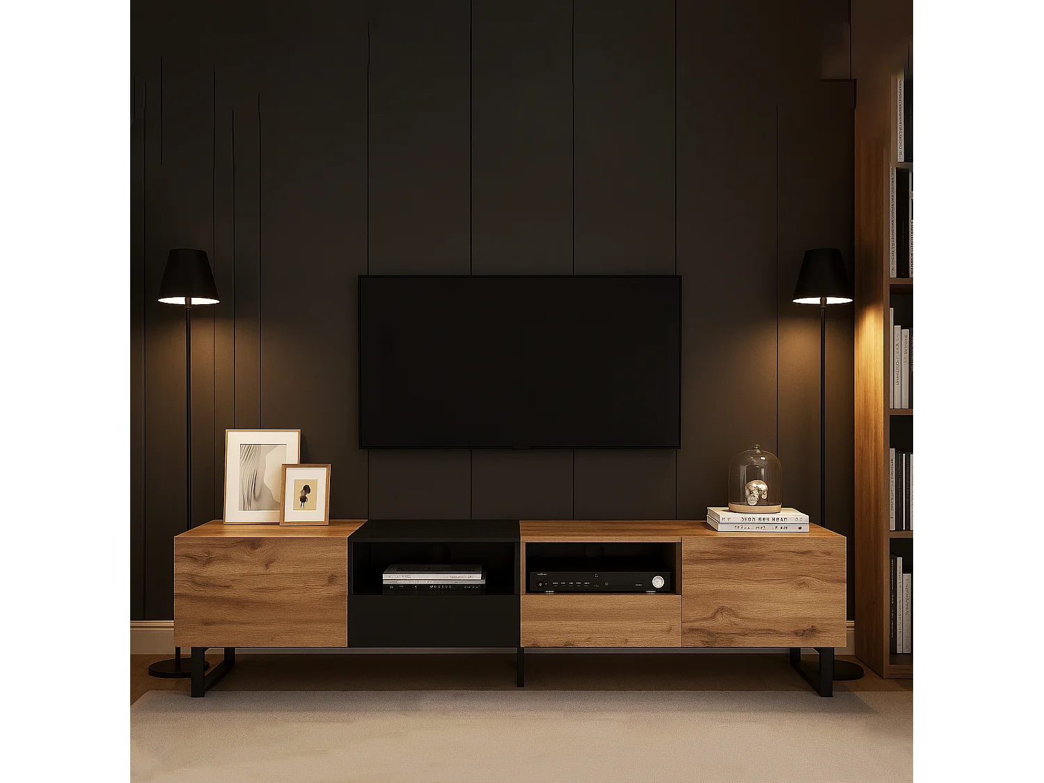 URBAN MEUBLE Meuble TV moderne au design noir et bois avec espace de rangement spacieux