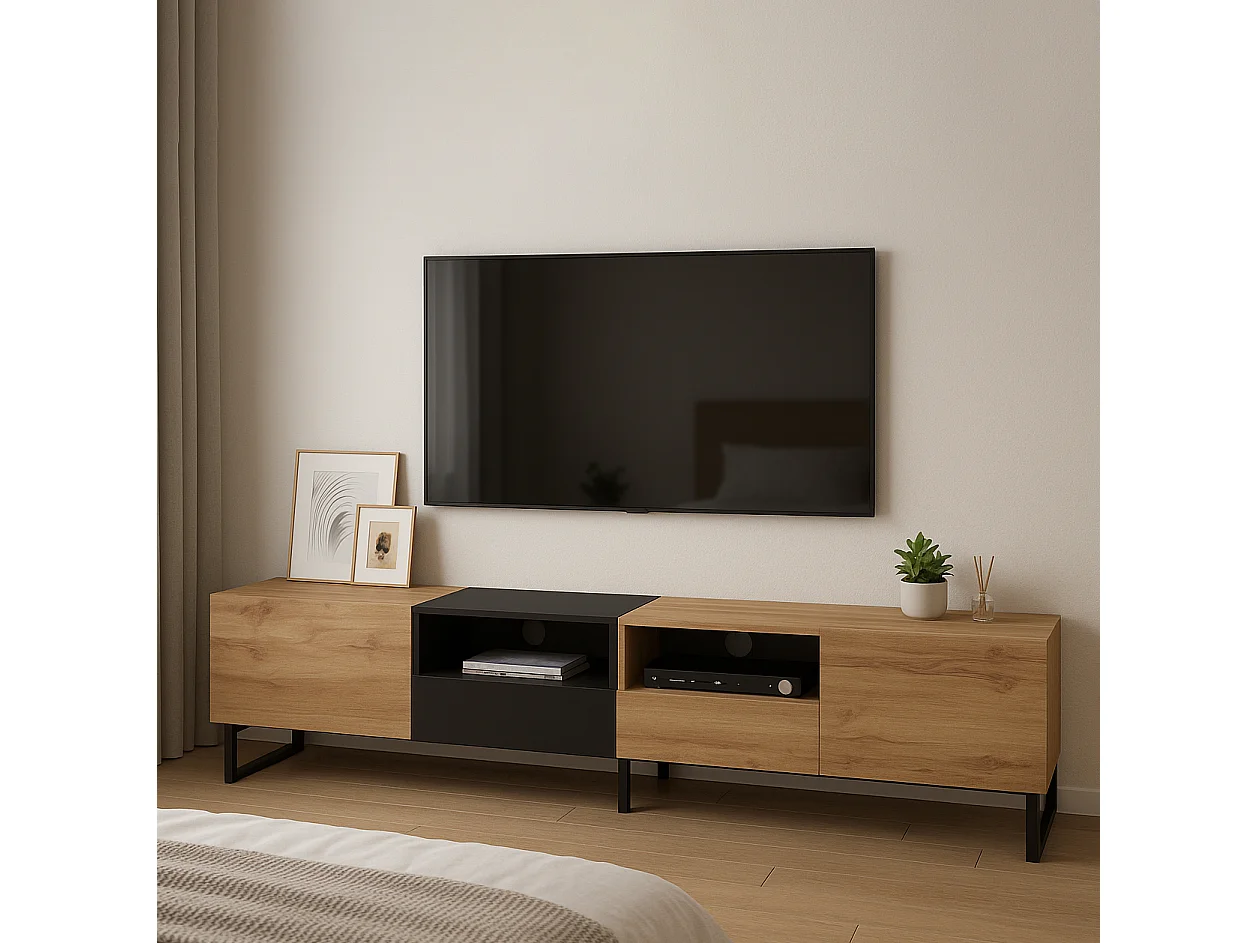 URBAN MEUBLE Meuble TV moderne au design noir et bois avec espace de rangement spacieux