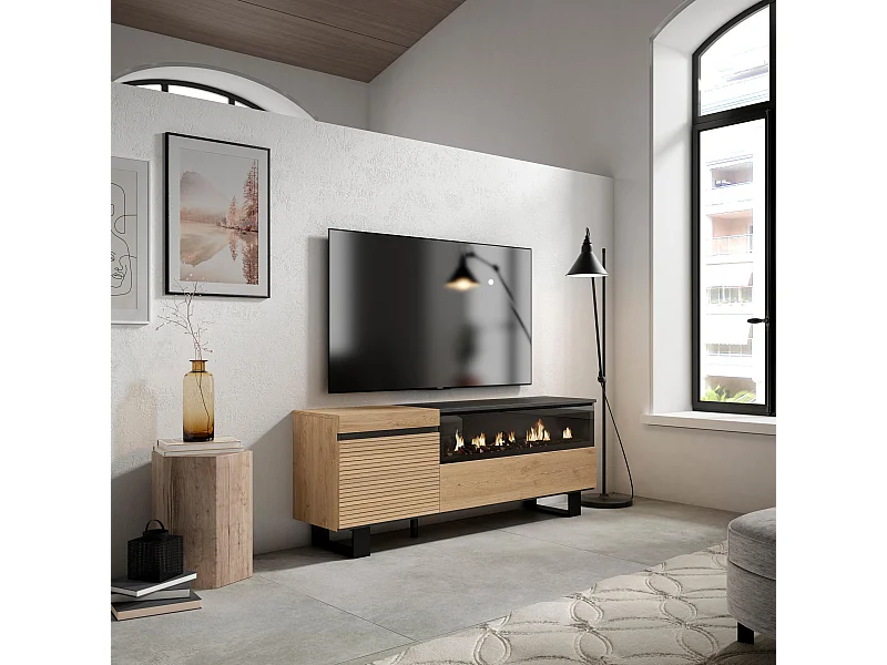 TV-Meubel, Lowboard, 150x35x57cm, Voor tv's tot 65", Elektrische haard, Industrieel design, Eiken