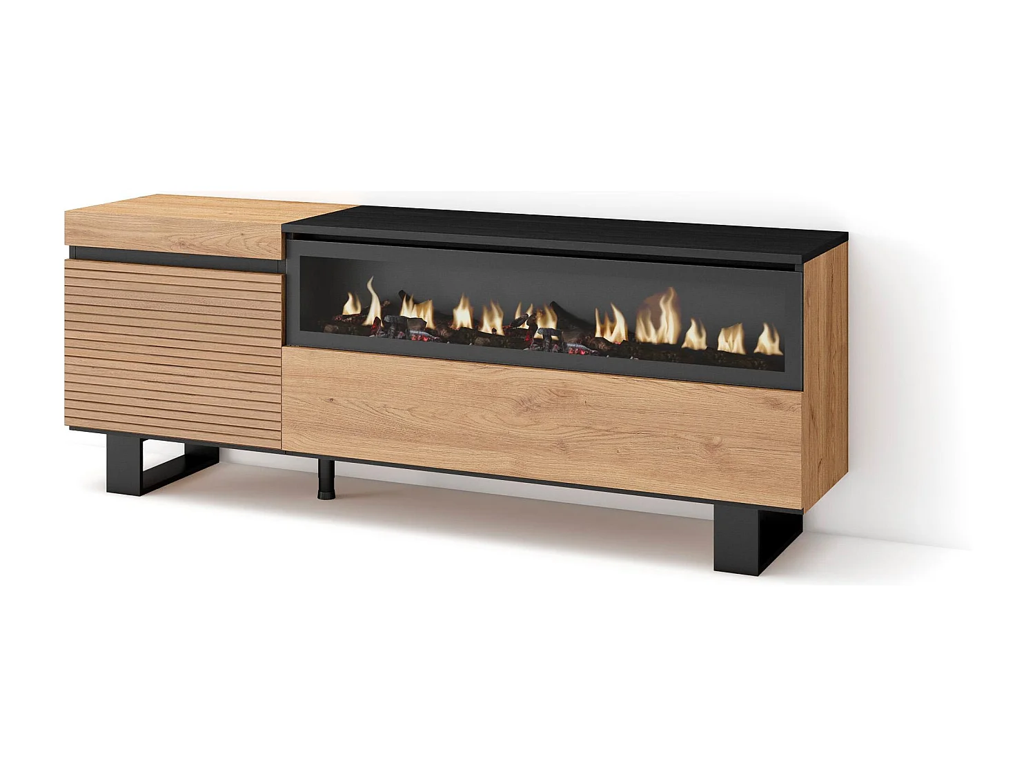 TV-Meubel, Lowboard, 150x35x57cm, Voor tv's tot 65", Elektrische haard, Industrieel design, Eiken