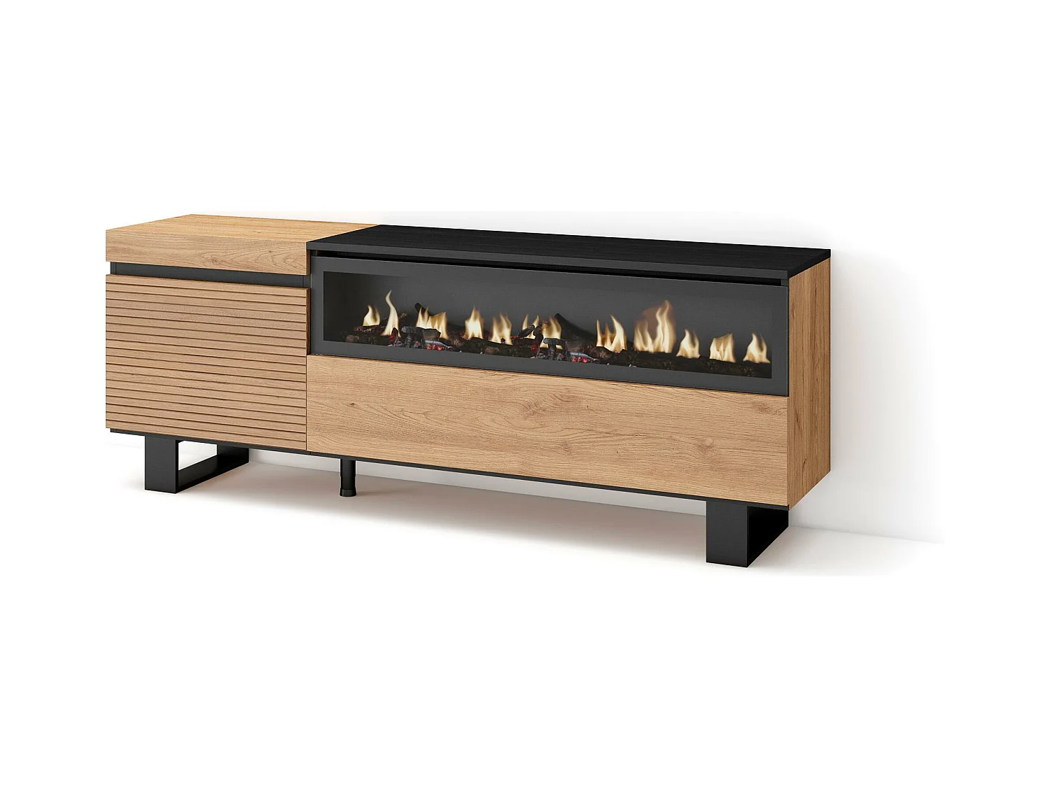 Meuble TV | Banc Télé, 150x35x57cm, Pour les TV jusqu'à 65", Cheminée électrique, Design industriel, Chêne