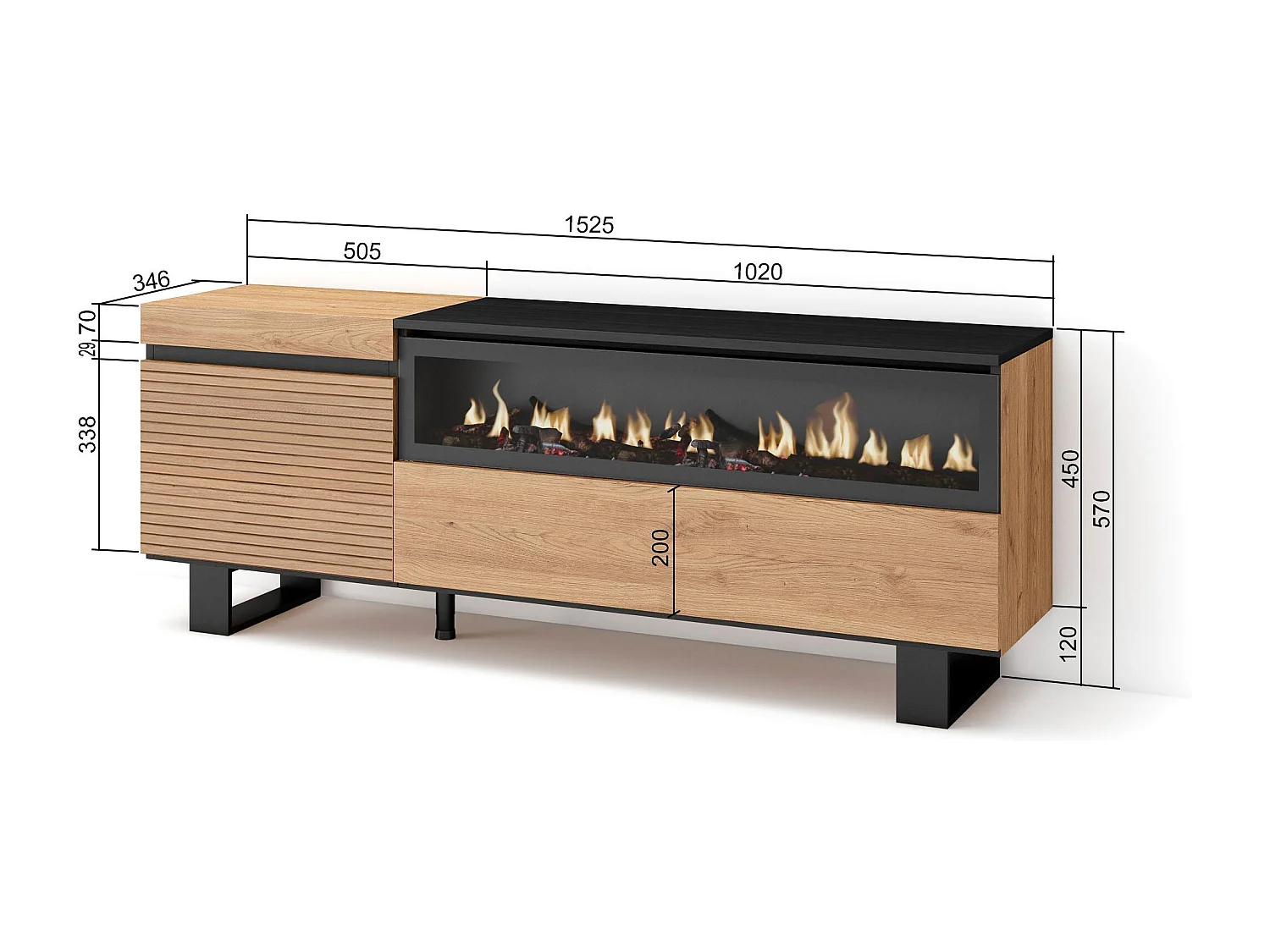 Meuble TV | Banc Télé, 150x35x57cm, Pour les TV jusqu'à 65", Cheminée électrique, Design industriel, Chêne
