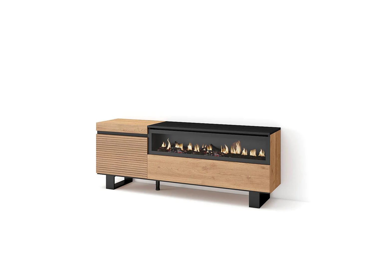 TV-Meubel, Lowboard, 150x35x57cm, Voor tv's tot 65", Elektrische haard, Industrieel design, Eiken