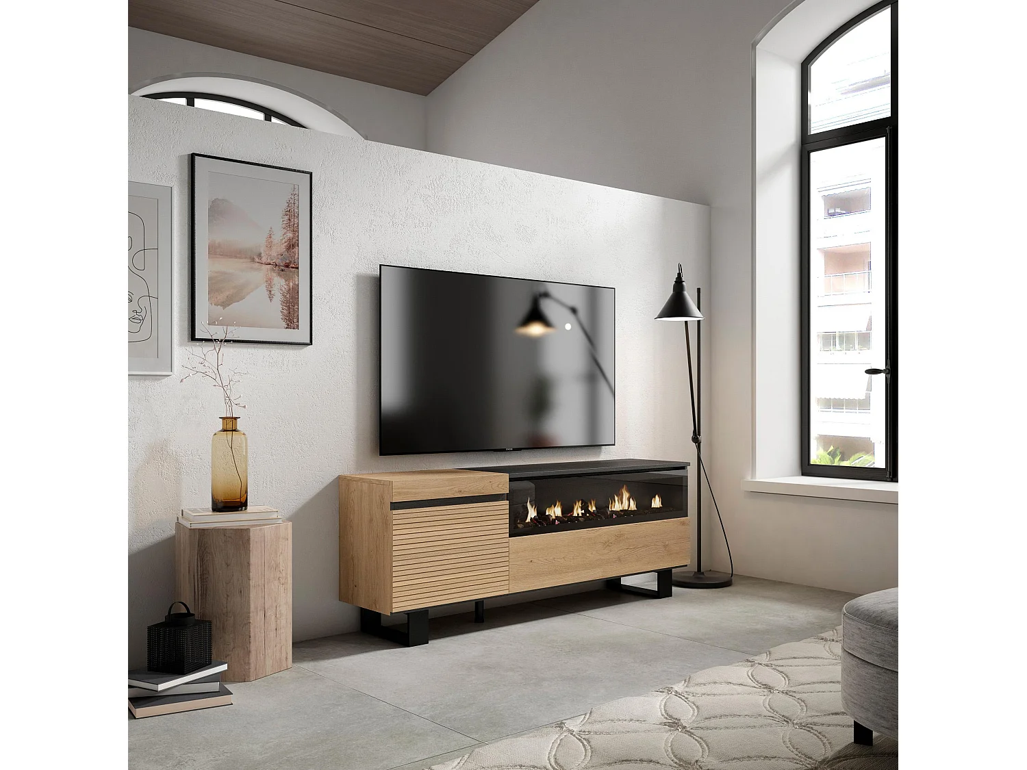 TV-Meubel, Lowboard, 150x35x57cm, Voor tv's tot 65", Elektrische haard, Industrieel design, Eiken