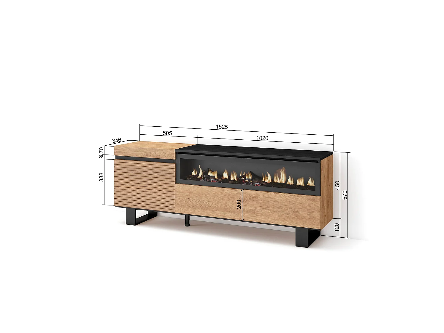 TV-Meubel, Lowboard, 150x35x57cm, Voor tv's tot 65", Elektrische haard, Industrieel design, Eiken