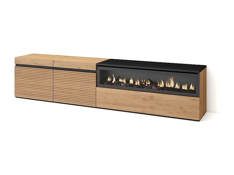 Mobile TV Soggiorno, 200x45x35cm, Per TV fino a 80", Camino elettrico, Rovere