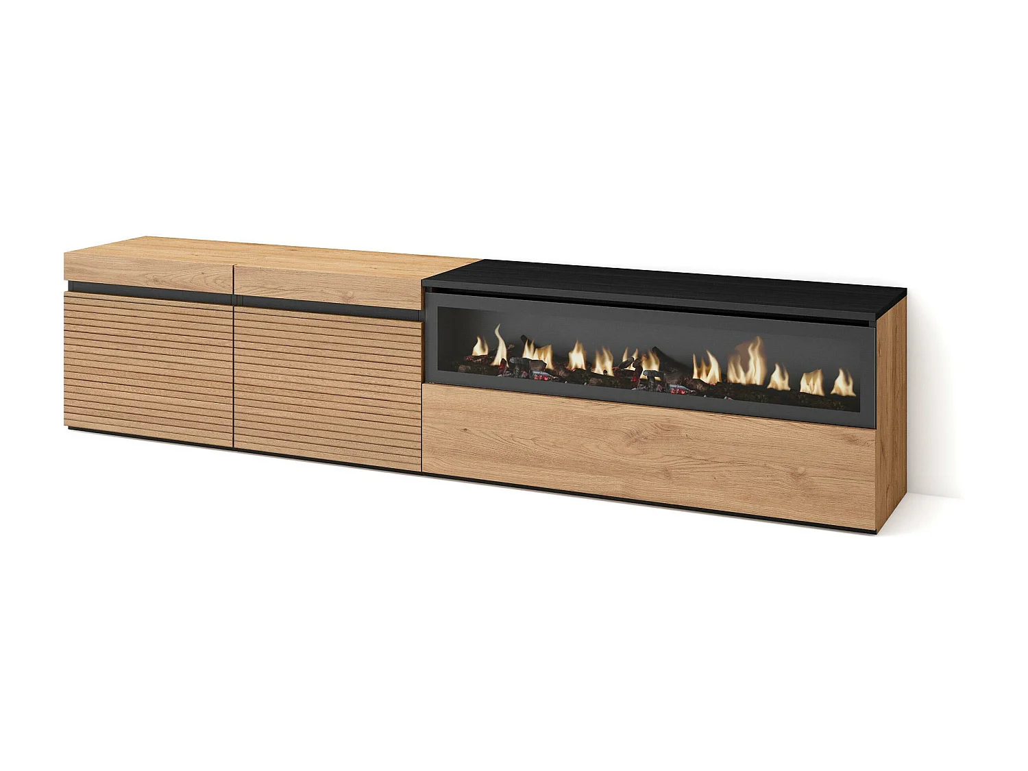 Mobile TV Soggiorno, 200x45x35cm, Per TV fino a 80", Camino elettrico, Rovere