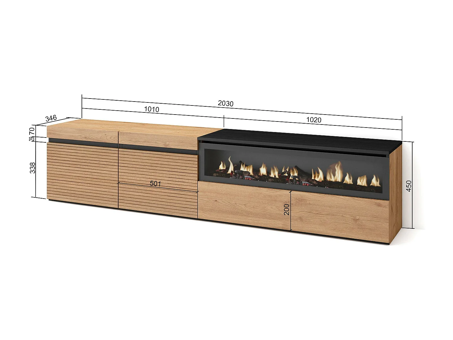 Mobile TV Soggiorno, 200x45x35cm, Per TV fino a 80", Camino elettrico, Rovere