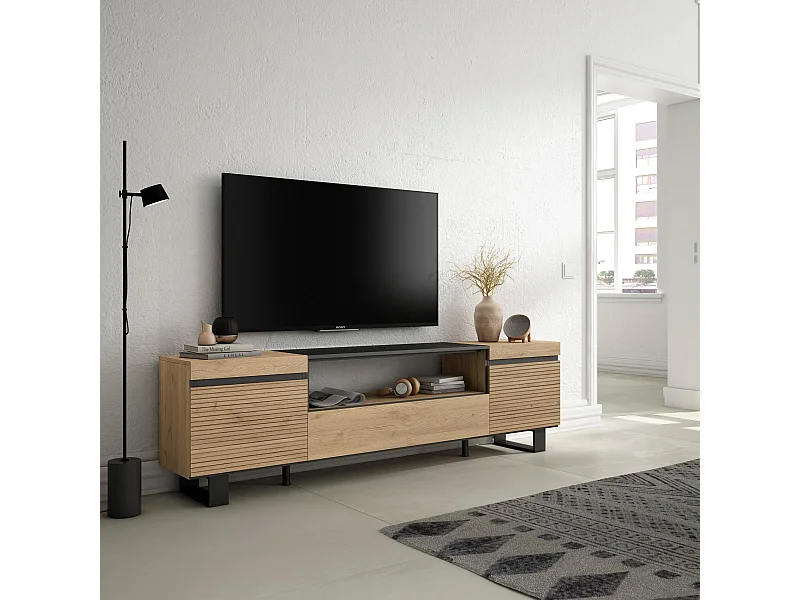 Mobile TV Soggiorno, 200x35x57cm, Per TV fino a 80", Design industriale, Rovere