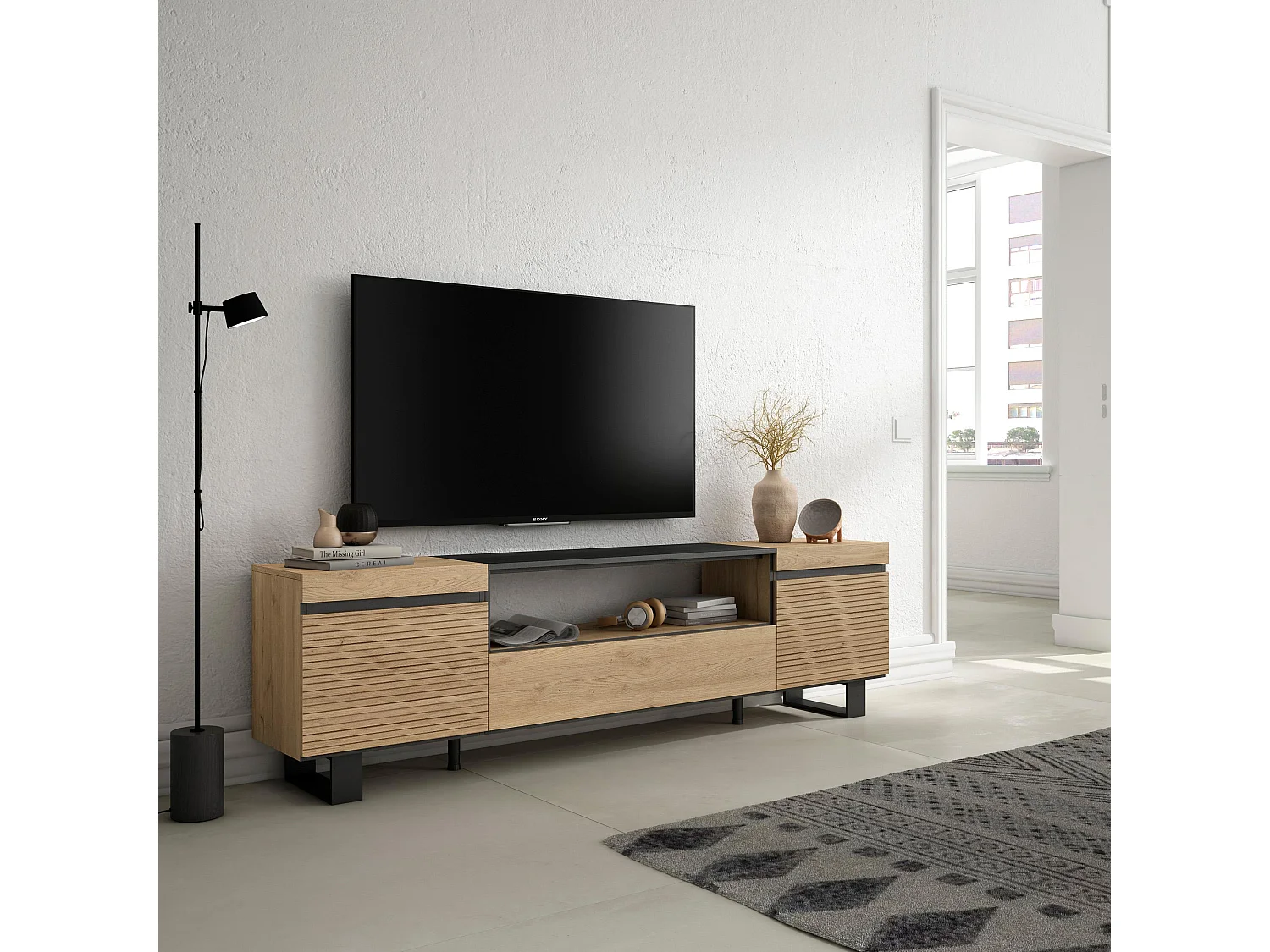 Móvel de TV, 200x35x57cm, Para televisores até 80", Design industrial, Carvahlo