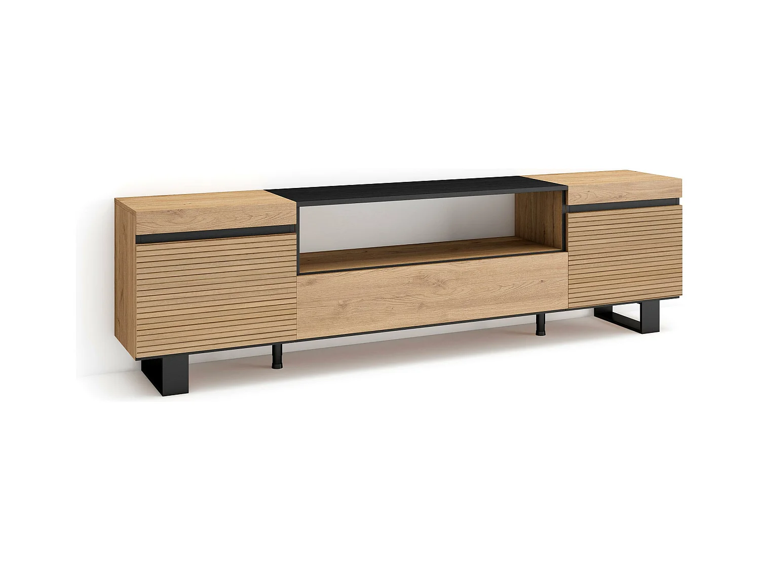 Meuble TV | Banc Télé, 200x35x57cm, Pour les TV jusqu'à 80", Design industriel, Chêne