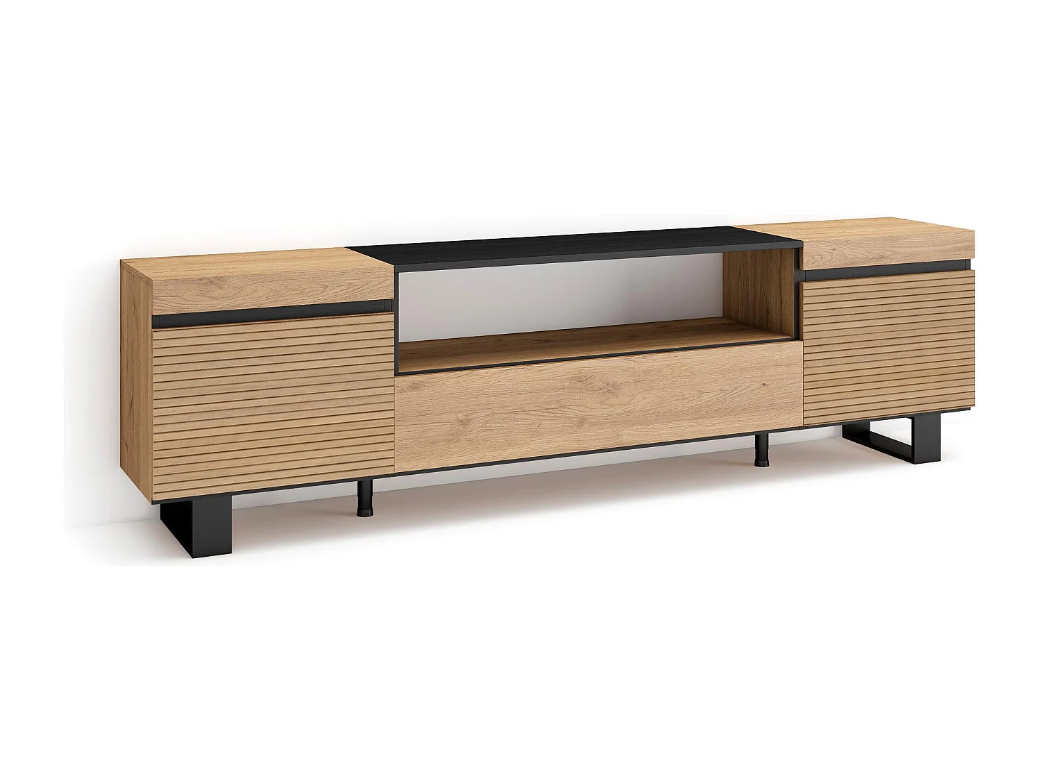 Meuble TV | Banc Télé, 200x35x57cm, Pour les TV jusqu'à 80", Design industriel, Chêne