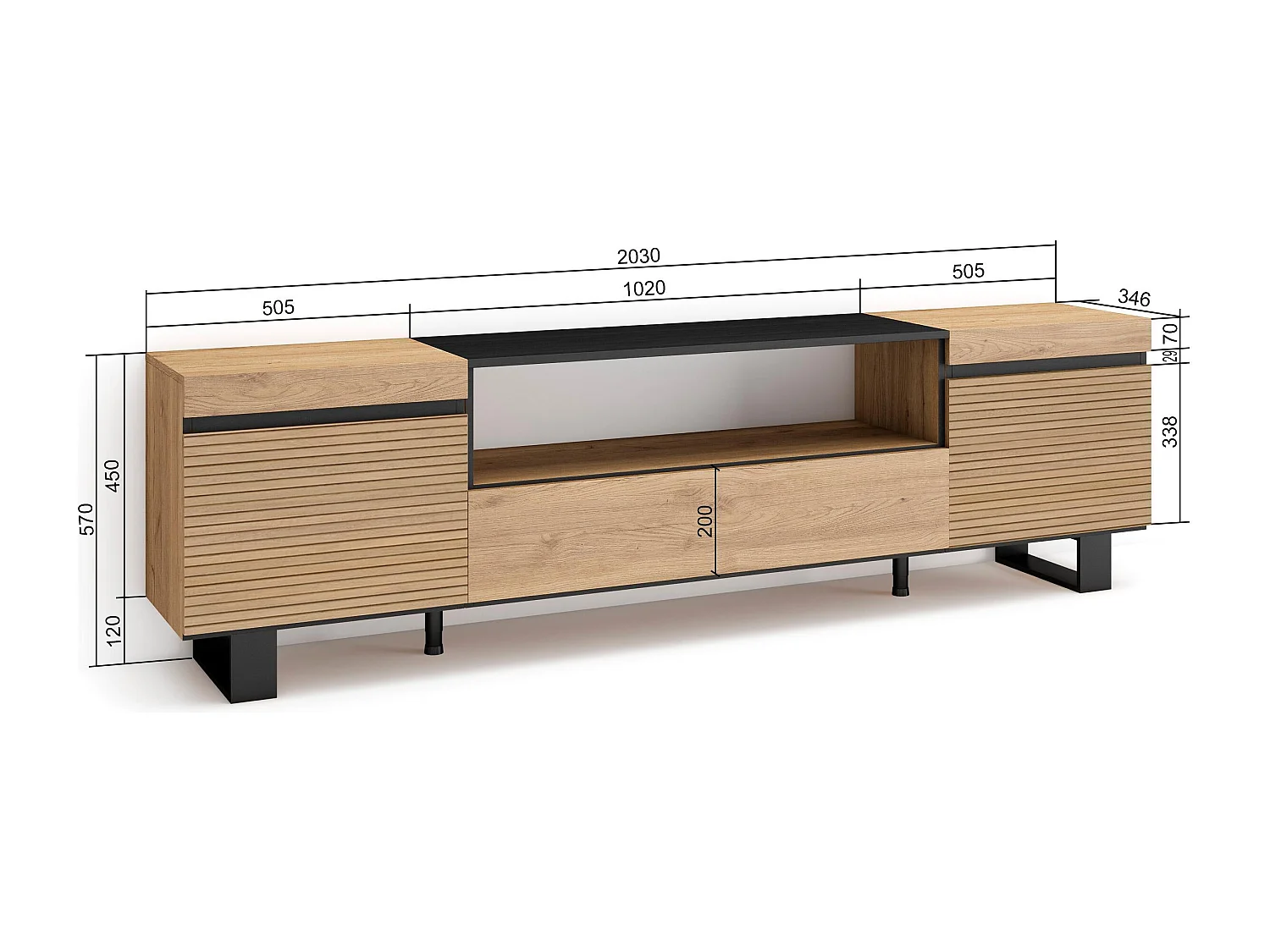 Meuble TV | Banc Télé, 200x35x57cm, Pour les TV jusqu'à 80", Design industriel, Chêne