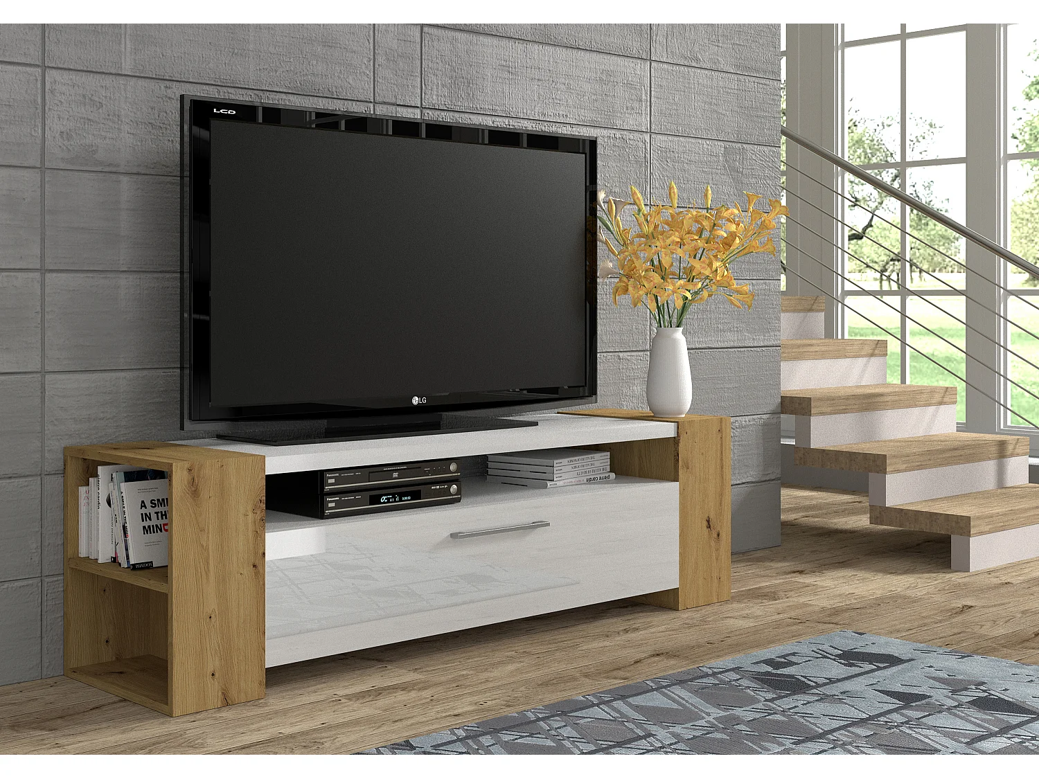 Meuble TV LIVIA 160 cm chêne artisan / blanc brillant