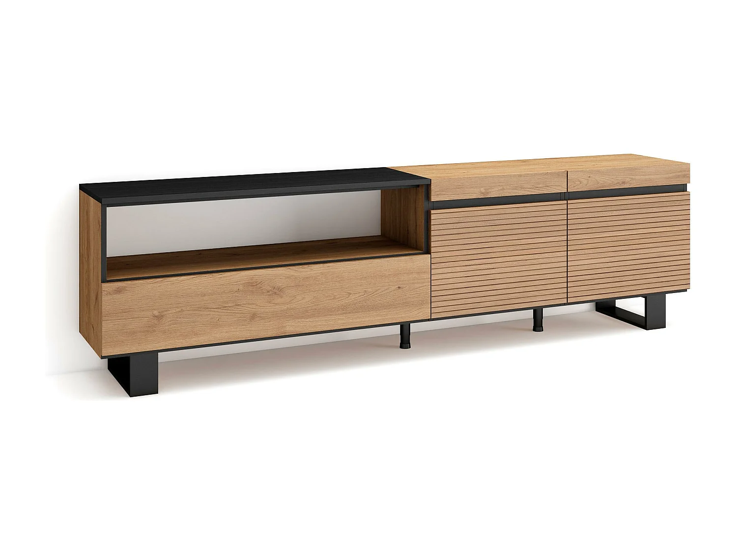Meuble TV | Banc Télé, 200x57x35cm, Pour les TV jusqu'à 80", Design industriel, Chêne